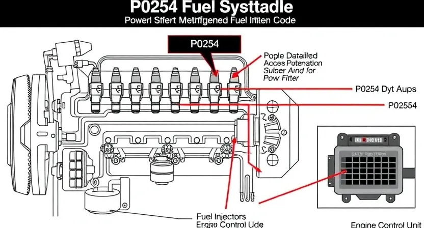A detailed schematic diagram of an automotive engine's fuel system, highlighting the P0254 error code and its associated components (fuel injectors, fuel pump, engine control unit). Include visual representations of the electrical circuit and potential points of failure.