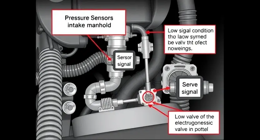 A detailed illustration of a car's vacuum system, focusing on the pressure sensor and its connection to the intake manifold. Include a visual representation of the low signal condition, perhaps with a highlighted sensor or a visual indicator of a weak signal. Show the electromagnetic valve and its role in the system.