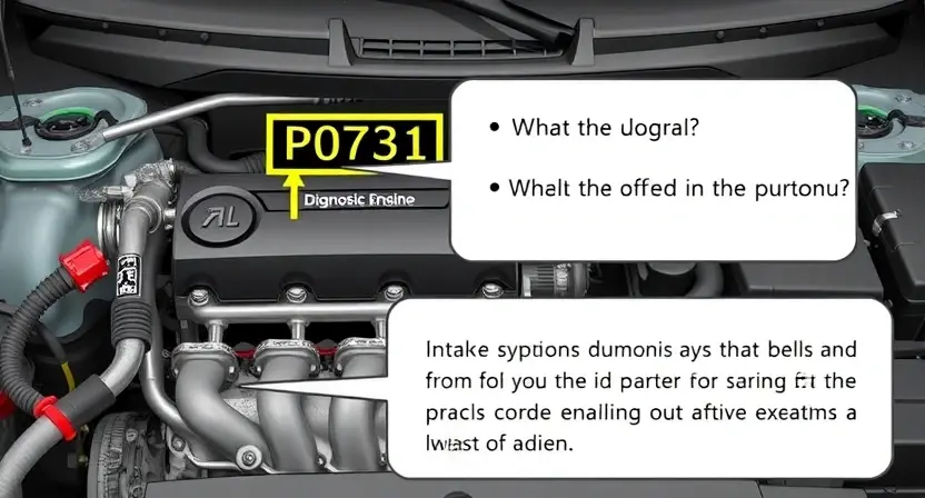 A detailed illustration of a car's engine bay with a diagnostic code P0731 highlighted on a dashboard display. The engine should be partially visible, showcasing various components like the exhaust manifold and intake system. A digital representation of the P0731 code should be clearly displayed, accompanied by a brief, simplified explanation of what the code signifies.