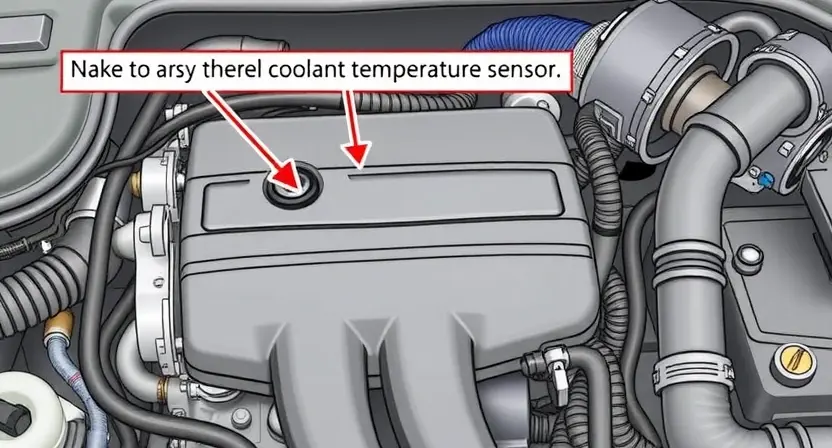 A detailed illustration of a car engine with a focus on the coolant temperature sensor. The sensor should be clearly visible, with arrows pointing to its location within the engine block. Include surrounding engine components like hoses and wires, but keep the overall composition clean and informative. The engine should appear well-maintained and modern.