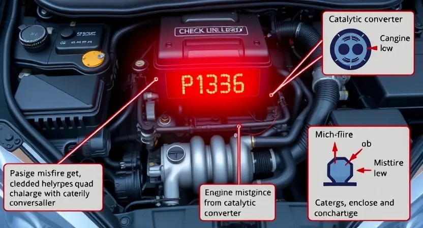A high-quality technical illustration showing a car engine with a glowing check engine light displaying the code P1336, highlighting the catalytic converter and engine components, with clear labels and diagrams indicating engine misfire and catalytic converter issues, in the style HQ-832-448-h