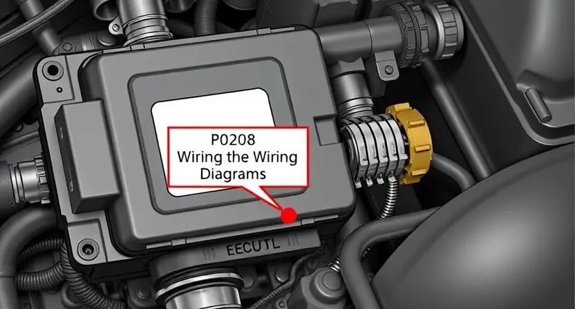 A detailed illustration of an automotive engine control unit (ECU) with wiring diagrams highlighting the P0208 error code. The ECU should be depicted in a realistic, technical style.