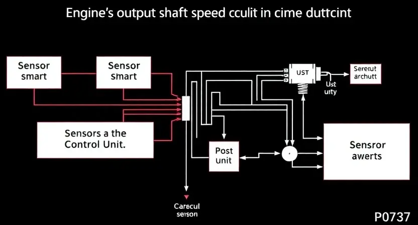 A detailed schematic diagram of an engine's output shaft speed control circuit, highlighting the components involved in the P0737 error. Include visual representations of sensors, actuators, and the control unit. Focus on clarity and precision in depicting the electrical connections and components.