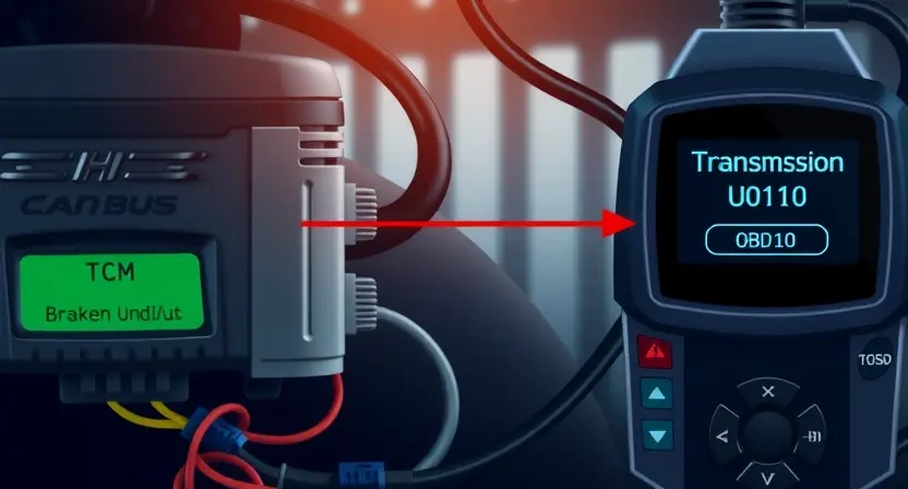 A detailed technical illustration showing a vehicle's CAN bus communication system with a focus on the connection between the engine control module (ECM) and the transmission control module (TCM), highlighting a broken or interrupted signal line between them, with diagnostic tools like an OBD-II scanner displaying error code U0110 on its screen, set in a modern automotive workshop environment with soft ambient lighting, wires and connectors visible in close-up, no text or labels on the image