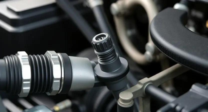 A close-up, detailed image of a car's engine bay, specifically focusing on the engine coolant temperature sensor. The sensor should be clearly visible, along with surrounding hoses and components. The overall lighting should be bright and clean, highlighting the sensor's details. The background should be slightly blurred to emphasize the sensor.