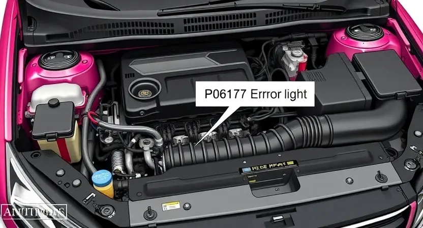 A detailed illustration of a car's engine bay, highlighting the P0617 error code indicator light. The engine should be partially disassembled to show wiring and components related to the issue. Focus on clarity and technical accuracy.
