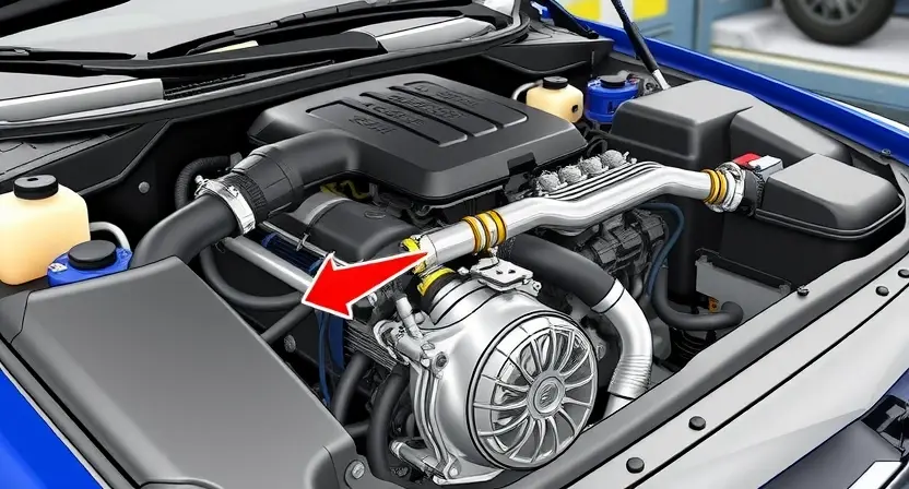 A detailed illustration of a car engine with a highlighted oxygen sensor. The engine should be clean and well-lit, showcasing its components. An arrow points to the oxygen sensor, indicating its location. The background should be a slightly blurred automotive repair shop environment. Focus on the sensor's connection to the engine and exhaust system.