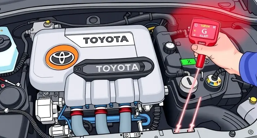 A high-quality technical illustration showing a Toyota engine with a highlighted ignition coil wiring harness, a warning light on the dashboard, and a mechanic's hand holding a diagnostic scanner, clean background, no text or numbers on the image