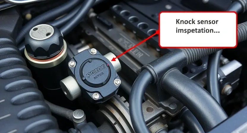 A detailed view of a car engine with a focus on the sensors, particularly the knock sensor, which is highlighted to indicate a potential issue. The engine should show signs of wear and tear, with visible components like pistons and valves. The image should convey a sense of urgency and the need for inspection or repair.