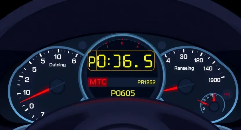 A detailed illustration of a car's dashboard with a diagnostic trouble code (DTC) display showing 'P0605'. The dashboard should be brightly lit, showing various gauges and indicators. Focus on the error code display and its surrounding context.