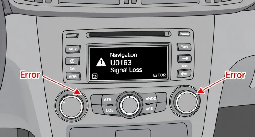 A detailed technical illustration of a vehicle's navigation system control module showing a broken connection or signal loss indicator, with warning lights and error code U0163 displayed prominently, clean technical diagram style