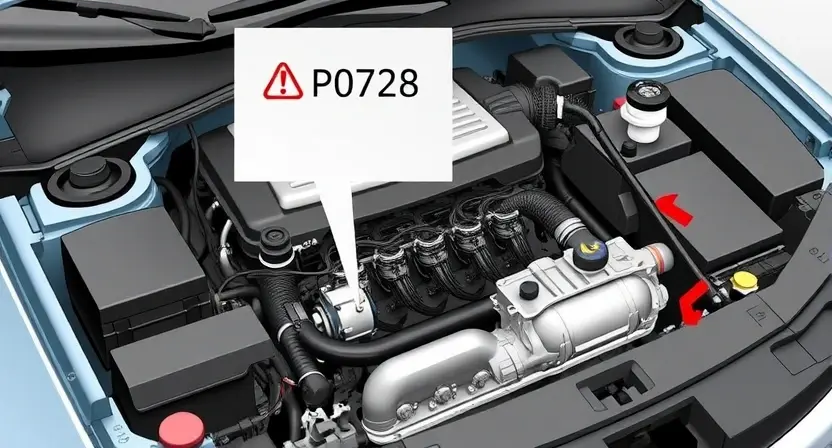 A detailed illustration of a car's engine bay with the P0728 error code highlighted on a diagnostic screen. The engine should be partially disassembled to show relevant components like the transmission pump and related wiring. Focus on clarity and technical accuracy.