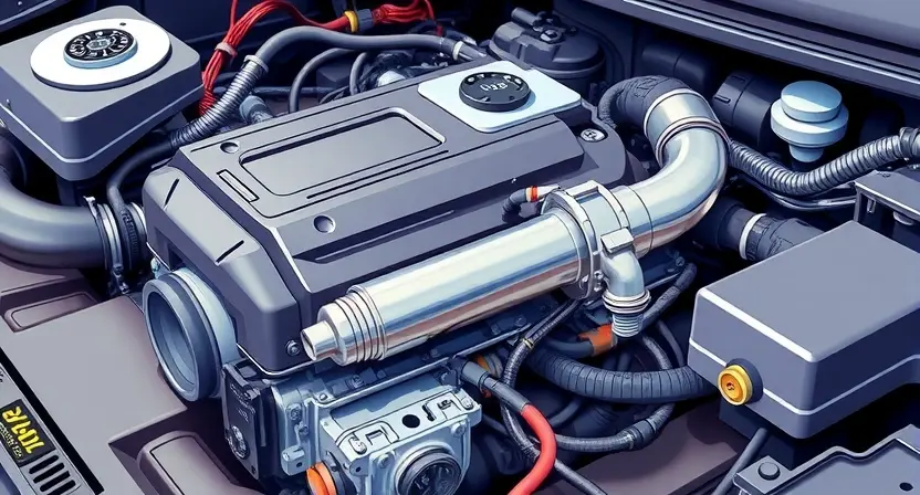 A detailed illustration of an automotive engine bay with a focus on the catalytic converter and associated wiring. The engine should be partially visible, showcasing various components. The catalytic converter should be clearly depicted, with visible sensors and connections. The overall lighting should be bright and realistic, highlighting the details of the engine components.