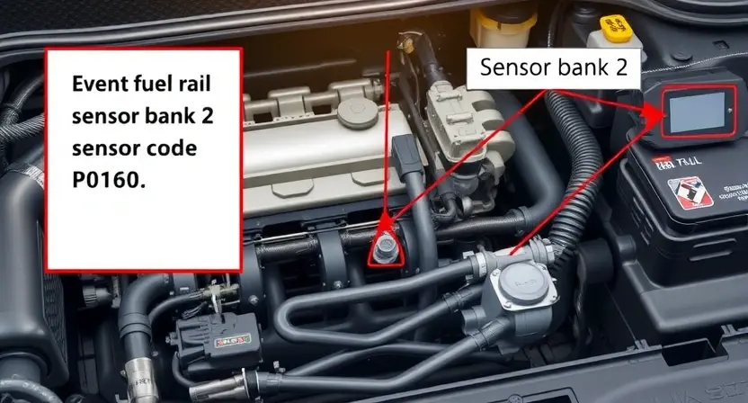 A detailed illustration of an automotive engine bay, focusing on the area around the fuel rail and sensor bank 2. The image should clearly show the sensor bank 2, its location relative to the fuel rail, and potentially some diagnostic tools. The overall scene should be well-lit and realistic, emphasizing the components relevant to the P0160 code.