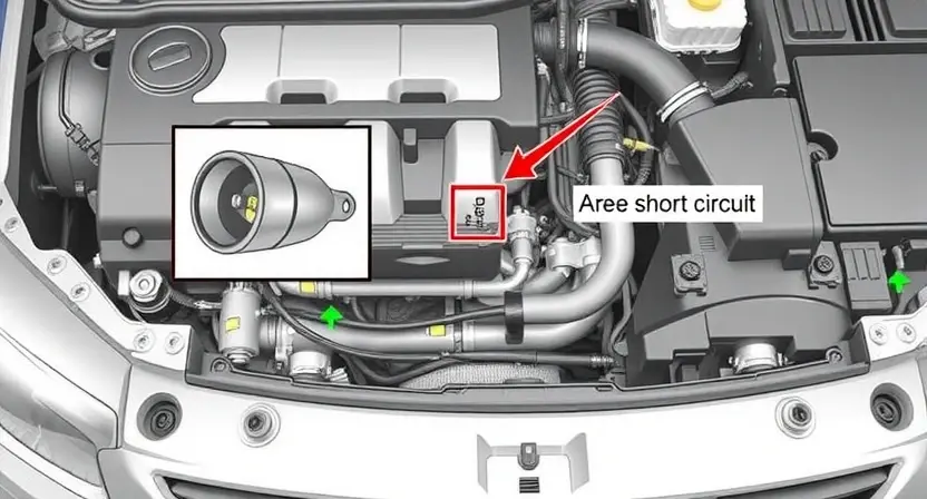 A detailed diagram illustrating a car's engine compartment with a highlighted front left valve circuit. The diagram should clearly show the valve, wiring, and surrounding components. An arrow should point to the area indicating a short circuit. The overall image should be clean and informative, suitable for a repair manual.