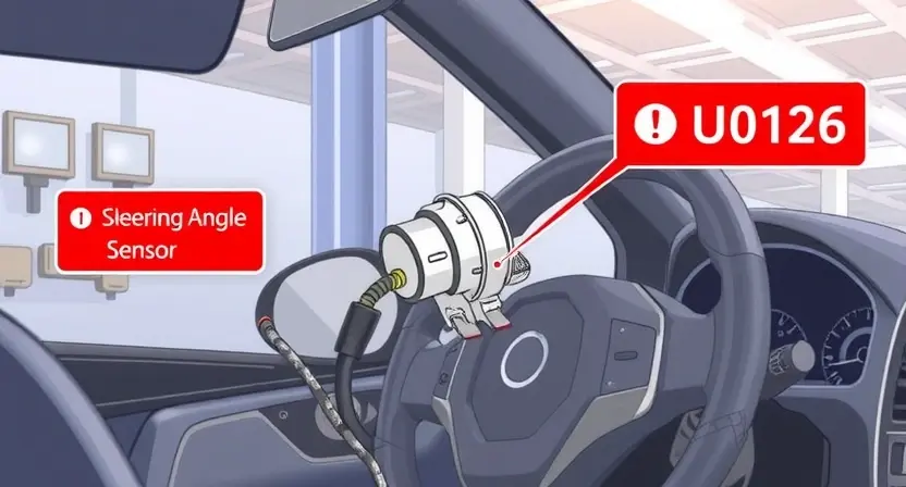 A detailed technical illustration of a car's steering angle sensor with a broken communication link, showing the sensor on the steering column, disconnected wiring, and warning symbols like a red 'U0126' error code floating nearby, set against a clean automotive workshop background with soft lighting and no text or labels on the image itself