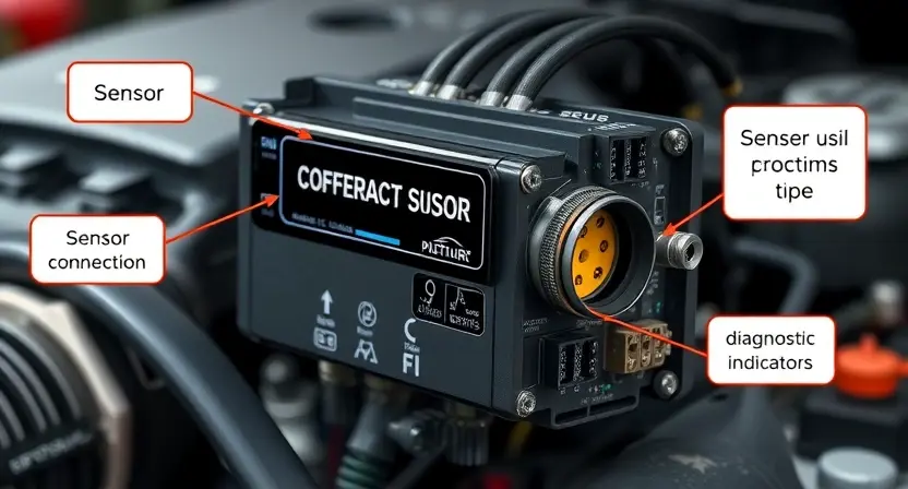 A close-up, detailed illustration of an engine control unit (ECU) with highlighted sensor connections and diagnostic indicators. The background should subtly suggest an automotive setting, perhaps a blurred engine bay. Focus on the technical aspects of the ECU and its wiring. The image should convey precision and technical expertise.