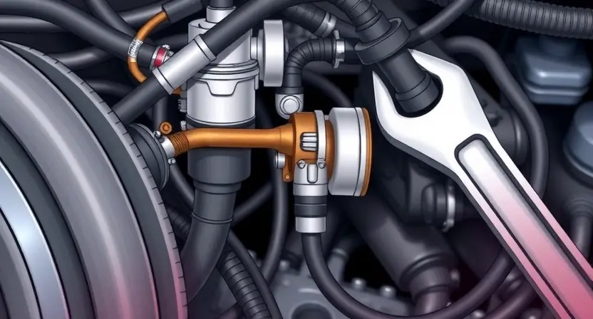 A detailed illustration of a car's transmission system, specifically highlighting the pressure solenoid and its connection to the clutch. Show the solenoid, hoses, and wiring clearly. Include a wrench near the solenoid to indicate repair or replacement. The background should be a slightly blurred engine compartment.