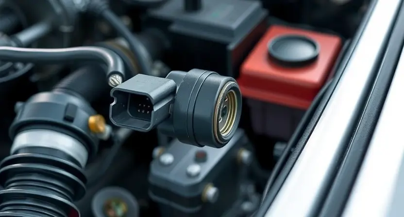 A close-up, detailed illustration of a car's engine bay, specifically highlighting the mass airflow sensor (MAF sensor). The sensor should be clearly visible, with surrounding engine components subtly in focus. The overall lighting should be bright and clean, emphasizing the sensor's physical characteristics. Focus on the sensor's electrical connector and wiring.