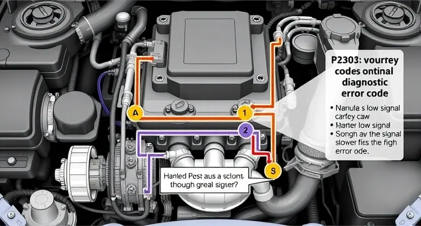 A detailed illustration of a car engine's primary control circuit with highlighted low signal areas, showing the wiring, sensors, and components involved. The image should emphasize the diagnostic process, with a focus on the areas where the P2303 error code might occur. Use a technical and precise style to depict the internal workings and potential points of failure.