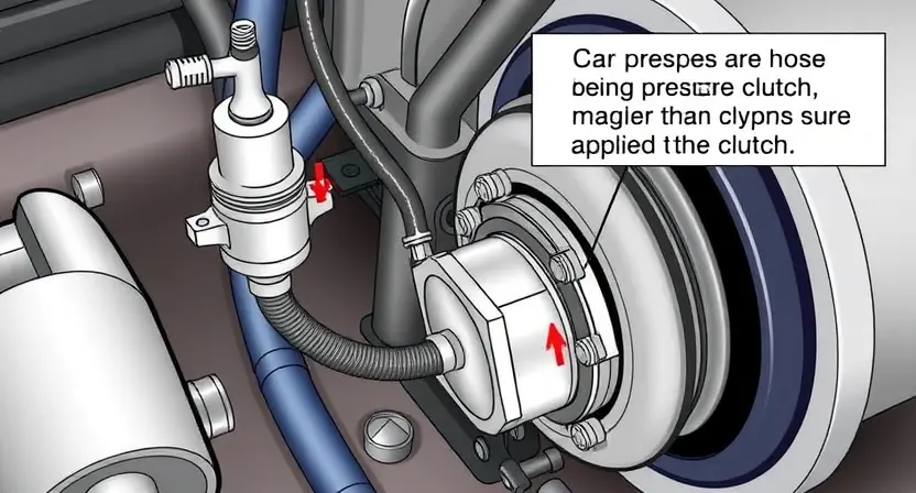 A detailed illustration of a car's transmission system, focusing on the pressure solenoid and its connection to the clutch. Show the solenoid, hoses, and wiring clearly. Include a visual representation of the pressure being applied to the clutch.