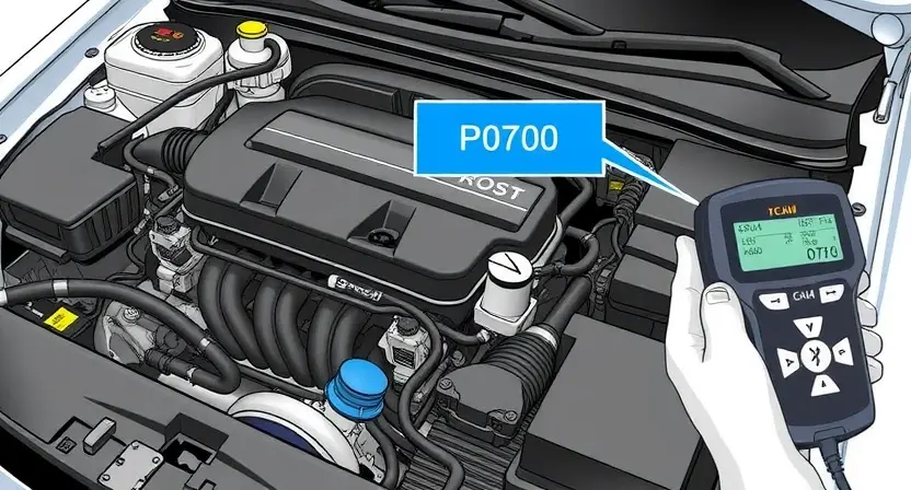 A detailed illustration of a car's engine bay, highlighting various components like the PCM, sensors, and wiring harnesses. Focus on the diagnostic trouble code (P0700) being displayed on a scan tool. The image should be clean and informative, suitable for a technical guide.