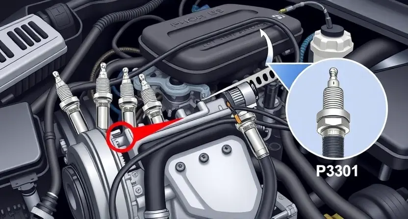 A detailed illustration of a car engine with a focus on the ignition system. Show the components such as spark plugs, ignition coils, and wiring harness. Highlight the areas that could be problematic and causing the P2301 error code. Include a close-up view of a faulty spark plug and a properly functioning one for comparison. The image should be realistic and detailed, providing a clear visual guide for diagnosing and fixing the issue.