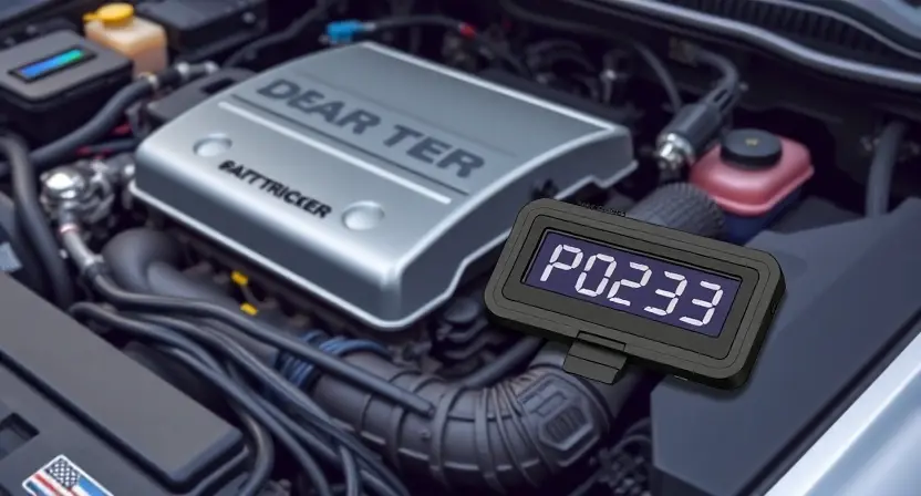 A detailed illustration of a car's engine bay with a diagnostic code reader displaying 'P0233'. Focus on the engine components, wiring, and the code reader. The background should be slightly blurred to emphasize the engine.