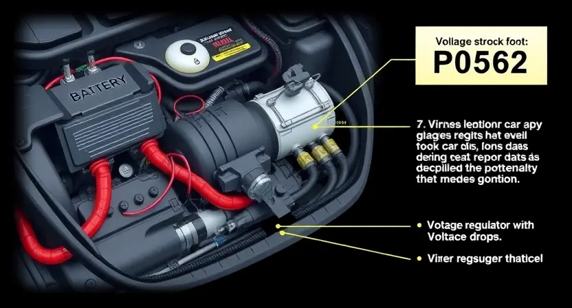 A detailed illustration of a car's electrical system with a focus on the battery and voltage regulator. Wires, connectors, and components should be clearly visible, highlighting the potential for voltage drops. Include a visual representation of the P0562 error code and its potential causes.