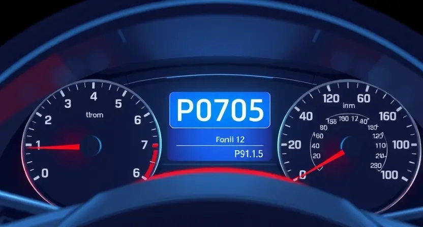 A detailed illustration of a car's dashboard with a diagnostic error code display showing 'P0705'. The dashboard should be brightly lit, showing various gauges and indicators. The error code should be clearly visible and highlighted.