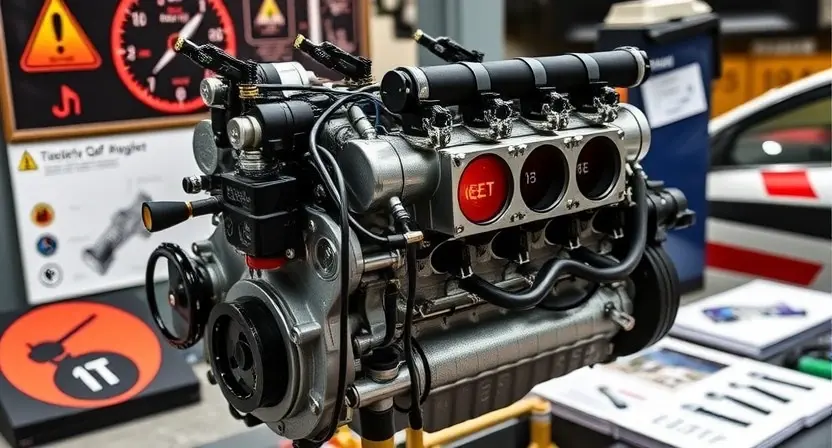 A high-quality engine block with visible pistons and fuel injectors, showing a glowing check engine light on a dashboard, surrounded by technical diagrams and warning symbols, in a professional automotive workshop setting with tools and manuals