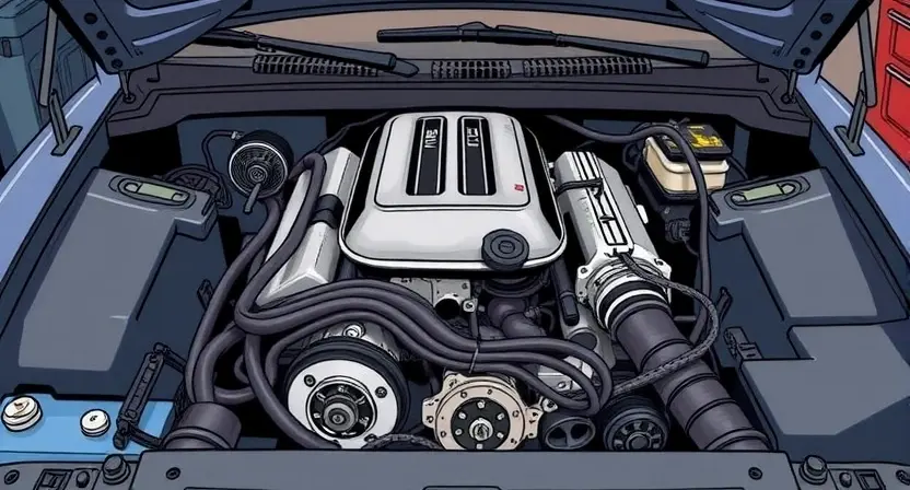 A detailed illustration of a car's engine compartment, focusing on the engine itself. Highlight the engine block, belts, and hoses. The engine should appear slightly worn but functional. The background should be a clean, well-lit garage setting.