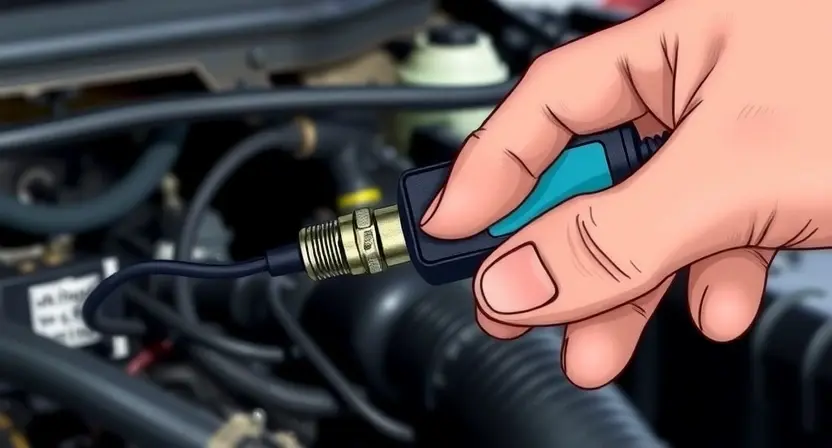 A close-up, detailed illustration of a car's oxygen sensor being inspected. The sensor should be clearly visible, with wires connected. A mechanic's hand is gently holding a diagnostic tool near the sensor. The background should be a slightly blurred automotive repair shop environment. Focus on the sensor and the diagnostic process.
