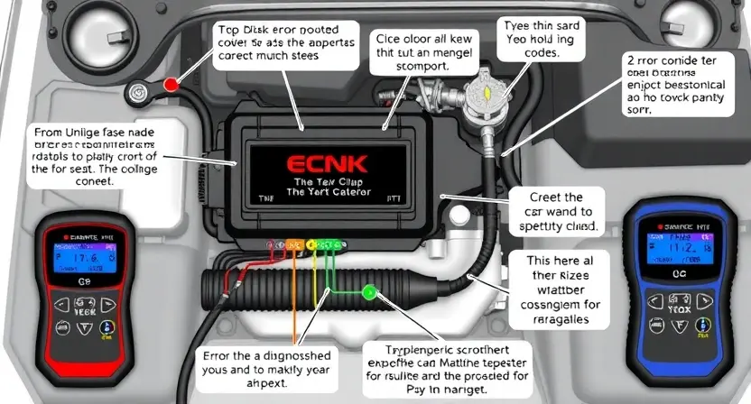 A detailed illustration of a car's engine control unit (ECU) with various diagnostic tools connected, highlighting potential error codes and troubleshooting steps. Focus on visual representation of the diagnostic process.