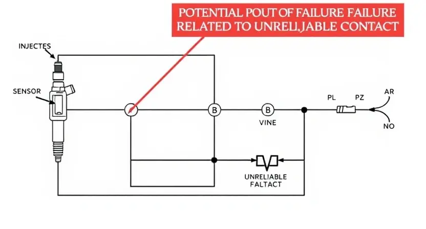 A detailed schematic diagram of an electrical circuit showing a fuel injector and a sensor. Highlight the potential points of failure related to unreliable contact. Include labels for components like the injector, sensor, wiring, and connectors. The diagram should be clean and easy to understand.