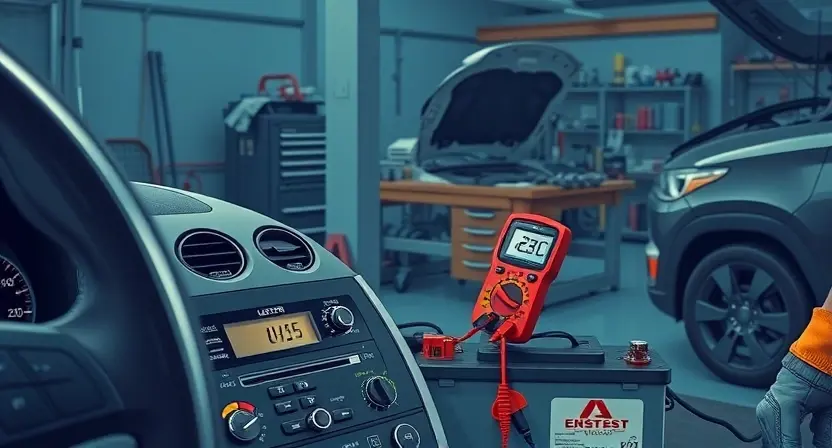 A detailed, realistic illustration of a car mechanic in a garage diagnosing a high voltage issue in a vehicle. The scene shows a close-up of a car's dashboard with a digital display indicating an error code, a multimeter connected to the battery terminals measuring voltage, a battery with a visible charging cable, and a mechanic wearing gloves and a tool belt. The background includes a workbench with automotive tools, a car hood open to reveal the engine bay, and subtle lighting that highlights