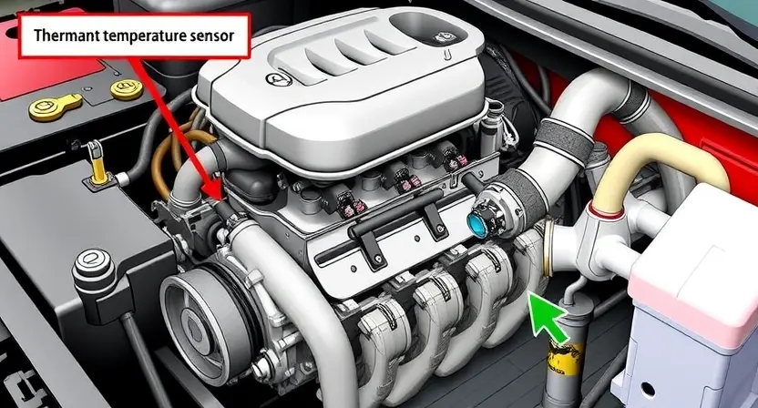 A detailed illustration of a car engine with highlighted components related to the P0126 error code, such as the thermostat, coolant temperature sensor, and cooling fan. The image should show the engine in a cross-section view to clearly depict the coolant flow and the position of the thermostat. The cooling fan should be depicted in a state of operation to indicate its role in cooling the engine. The overall scene should be realistic and detailed, focusing on the mechanical aspects of the engin