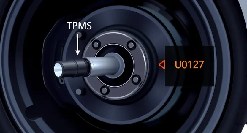 A detailed technical illustration of a tire pressure monitoring system (TPMS) module inside a vehicle wheel well, showing the sensor unit attached to the valve stem, wireless signal transmission to the central control unit, and a dashboard warning light displaying 'U0127' error code, with subtle motion blur on the spinning wheel to indicate driving conditions, all rendered in a clean, professional automotive diagnostic style