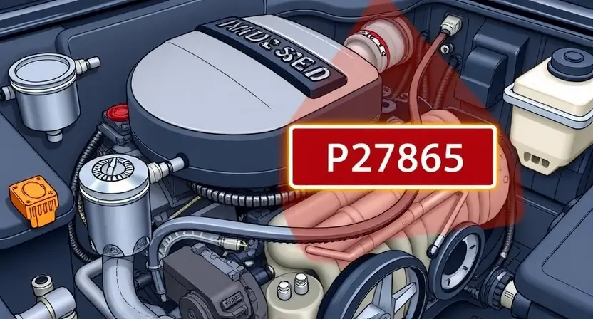 A detailed illustration of a car engine with a highlighted P2765 error code indicator. The engine should be realistically rendered, showing various components like pistons, valves, and belts. The error code indicator should be clearly visible and illuminated.