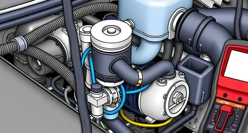 A detailed illustration of a vehicle's engine bay, focusing on the wastegate solenoid. The solenoid should be clearly visible, with wiring and hoses connected. Include diagnostic tools like a scan tool and a multimeter in the background. The overall scene should convey a sense of automotive repair and technical inspection.
