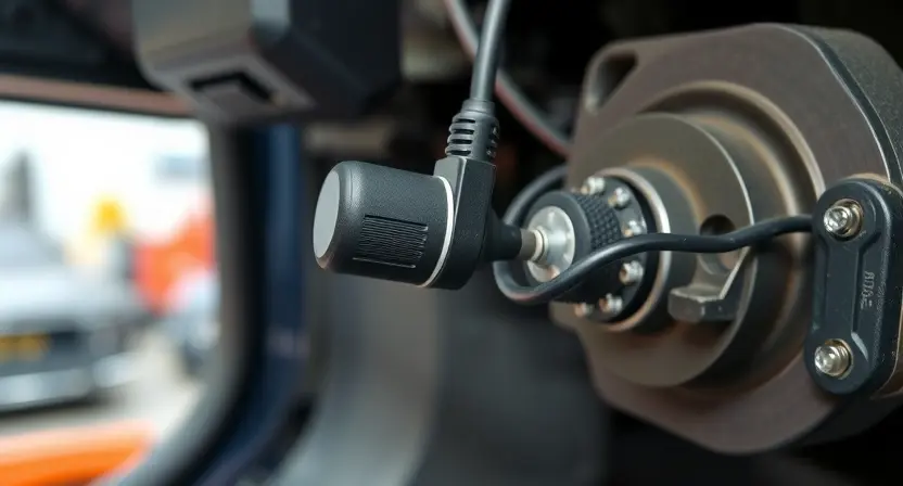 A close-up, detailed view of a car's brake pedal assembly. Focus on the sensor/positioning mechanism attached to the pedal. Show wiring and connections clearly. The background should be blurred, suggesting a workshop environment. The lighting should be bright and even to highlight the components.