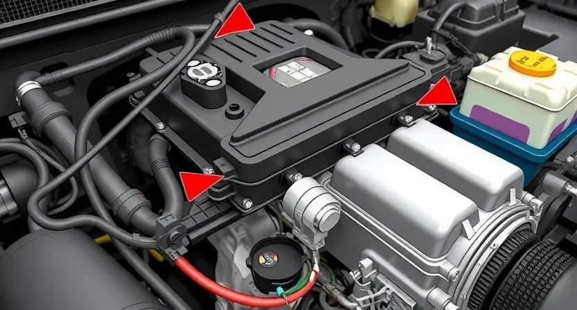 A detailed illustration of an automotive engine bay, focusing on the area around the fuel rail and related components. The image should clearly show the fuel rail, fuel injectors, and the sensor connected to it. Include wiring harnesses and connectors, highlighting the electrical connections. The background should be slightly blurred to emphasize the engine components.