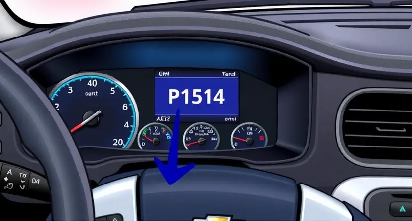 A detailed illustration of a GM/Chevrolet vehicle's dashboard with a diagnostic screen displaying the P1514 error code. The dashboard should be brightly lit, showcasing the error message clearly. Include relevant automotive components like the steering wheel, instrument cluster, and air vents.
