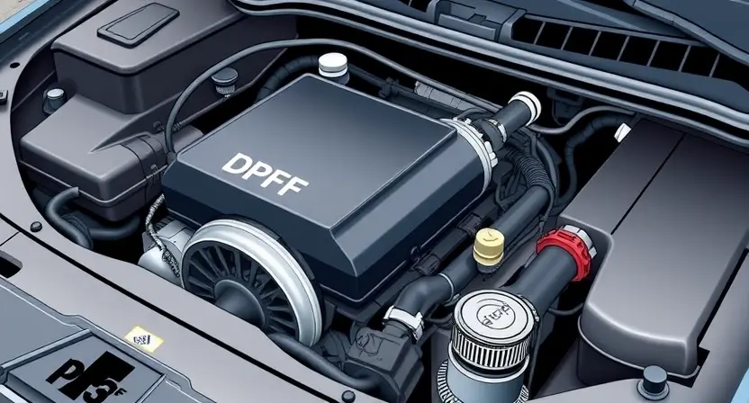 A close-up, detailed illustration of a car's engine bay, specifically focusing on the Diesel Particulate Filter (DPF) system. Show the DPF component clearly, along with associated sensors, pipes, and wiring. The engine should appear clean and well-maintained. Focus on the mechanical aspects of the system.