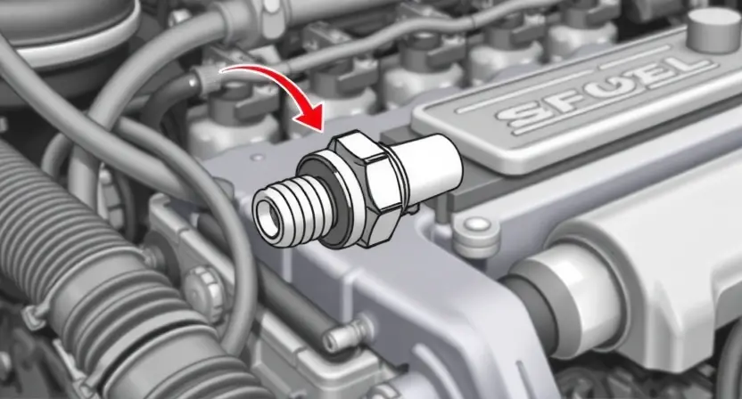 A detailed illustration of a car engine with a focus on the coolant temperature sensor. The sensor should be clearly visible, with arrows indicating the flow of coolant. The background should show engine components like hoses and belts, but kept slightly blurred to emphasize the sensor. The overall image should convey a sense of technical precision and clarity.