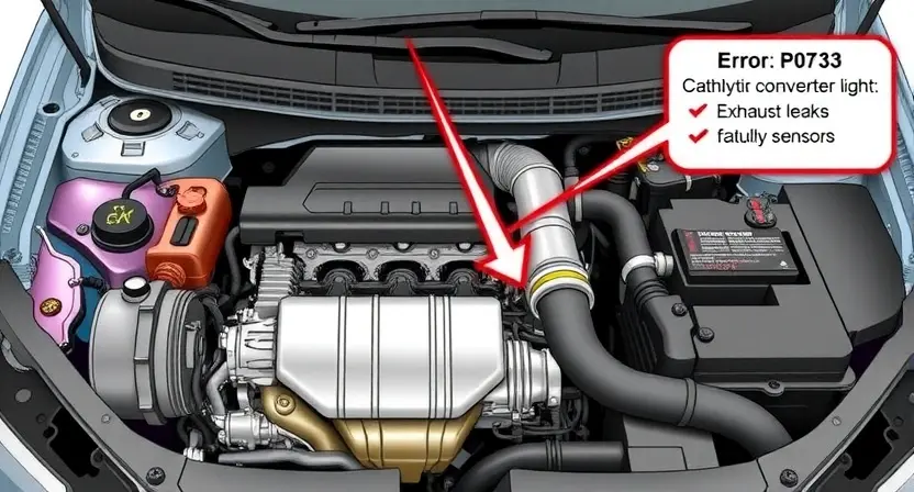 A detailed illustration of a car's engine bay, focusing on the catalytic converter and related components. The image should clearly show the P0733 error code indicator light illuminated on the dashboard. Include visual cues representing potential causes like exhaust leaks or faulty sensors.