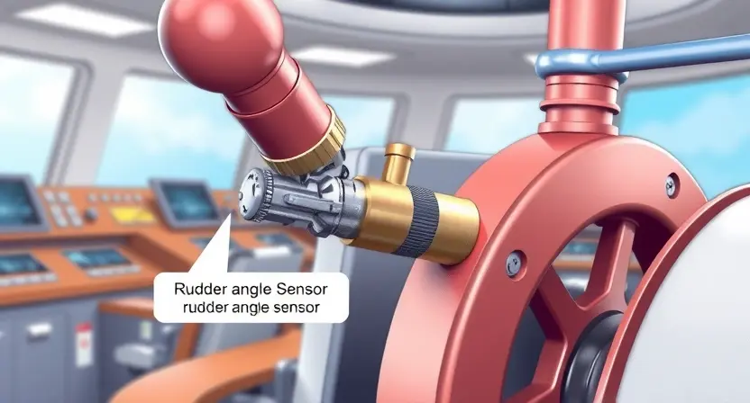 A close-up, detailed illustration of a ship's steering mechanism, specifically highlighting the rudder angle sensor. The sensor should be clearly visible, connected to the steering system. Focus on the sensor's physical components and its integration within the mechanism. The background should be a slightly blurred view of the ship's interior, suggesting a control room or engine room environment. The overall lighting should be bright and informative, emphasizing the technical details.