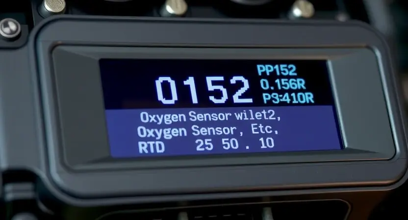 A close-up, detailed illustration of an engine control unit (ECU) with diagnostic data displayed on a screen. The screen should show the P0152 error code prominently, along with related engine sensor readings (oxygen sensor, etc.). Focus on the electronic components and the digital display.