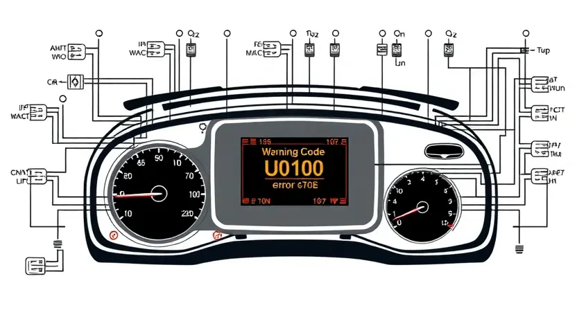 A high-quality technical illustration showing a modern car's engine control unit (ECU) with a warning indicator light on the dashboard, surrounded by schematic wiring diagrams and error code U0100 highlighted, clean lines, technical precision, no text or numbers on the image, neutral background