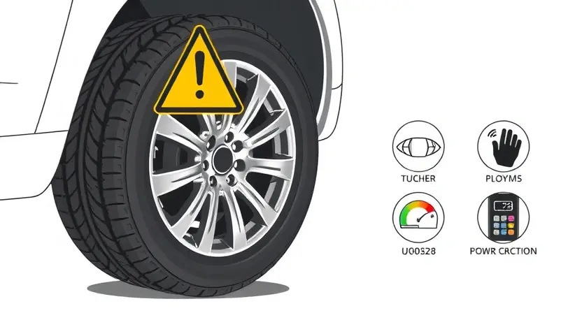 A high-quality technical illustration of a car tire with a warning sign and diagnostic tools, showing clear symbols of error code U0028, clean background, professional automotive repair context